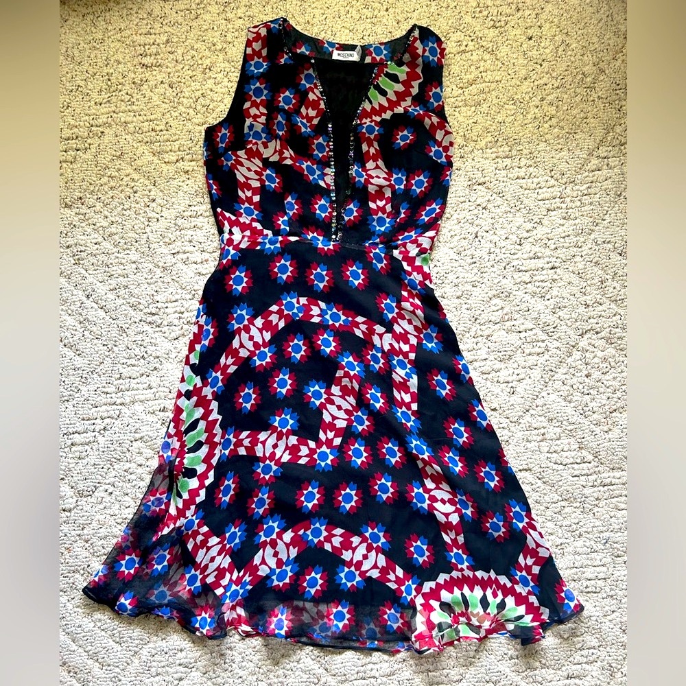 Moschino Black and Red Patterned Silk Midi Dress
